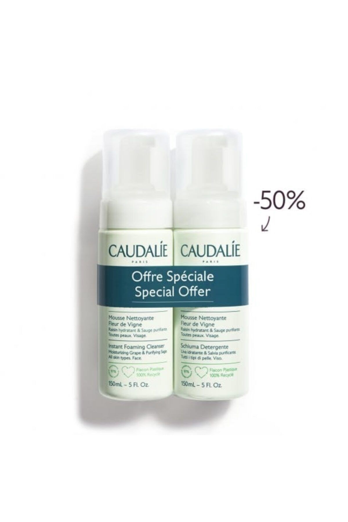 Caudalie Instant Foaming Cleanser 2 x 150 ml - Tüm Cilt Tipleri Için Temizleme Köpüğü - İkincisi %50