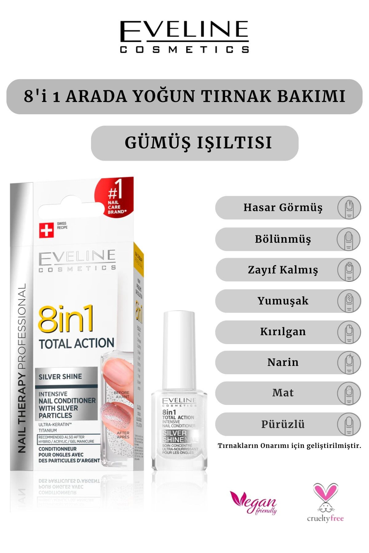 Eveline 8in1 Total Action Yoğun Tırnak Sertleştirici Silver Shine 12 ml