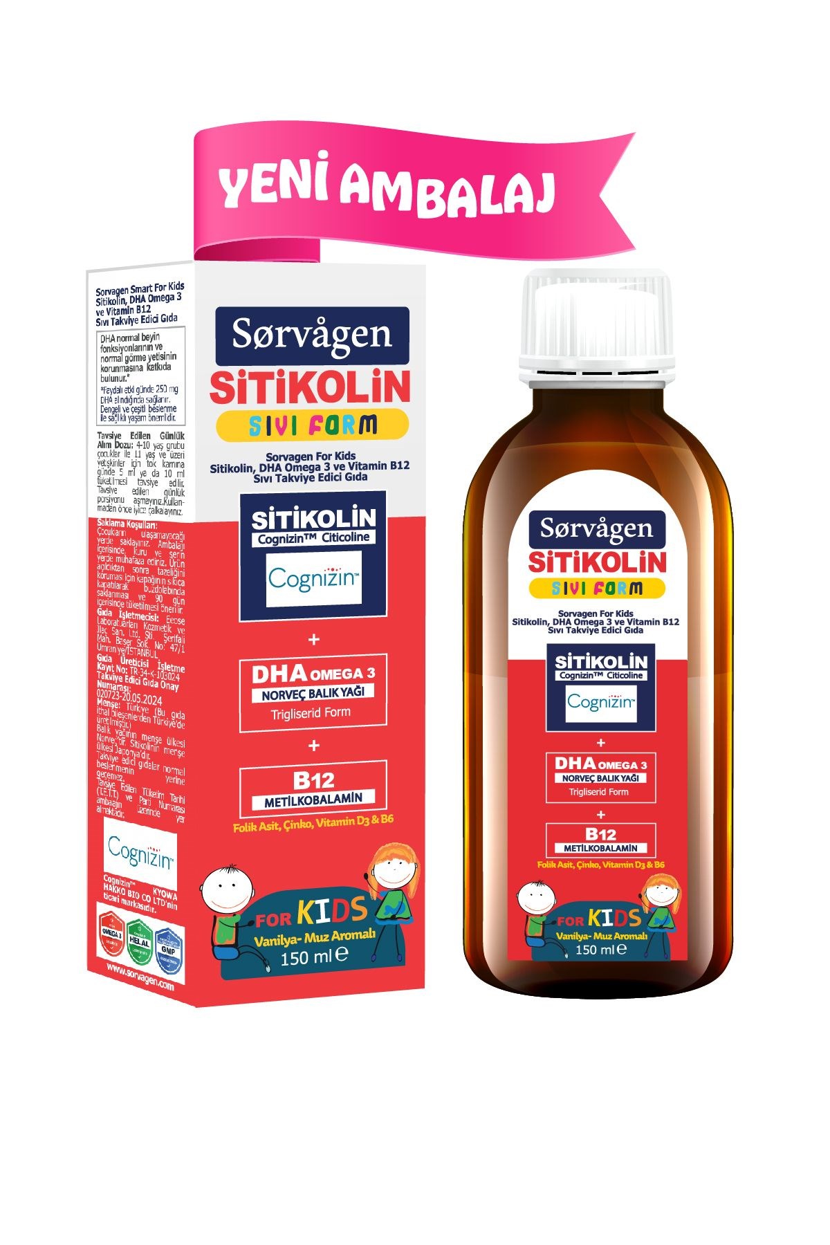 Sorvagen Smart Kids Sıvı Form - Sitikolin DHA Omega 3 Norveç Balavık Yağı ve B12 - 150 ml