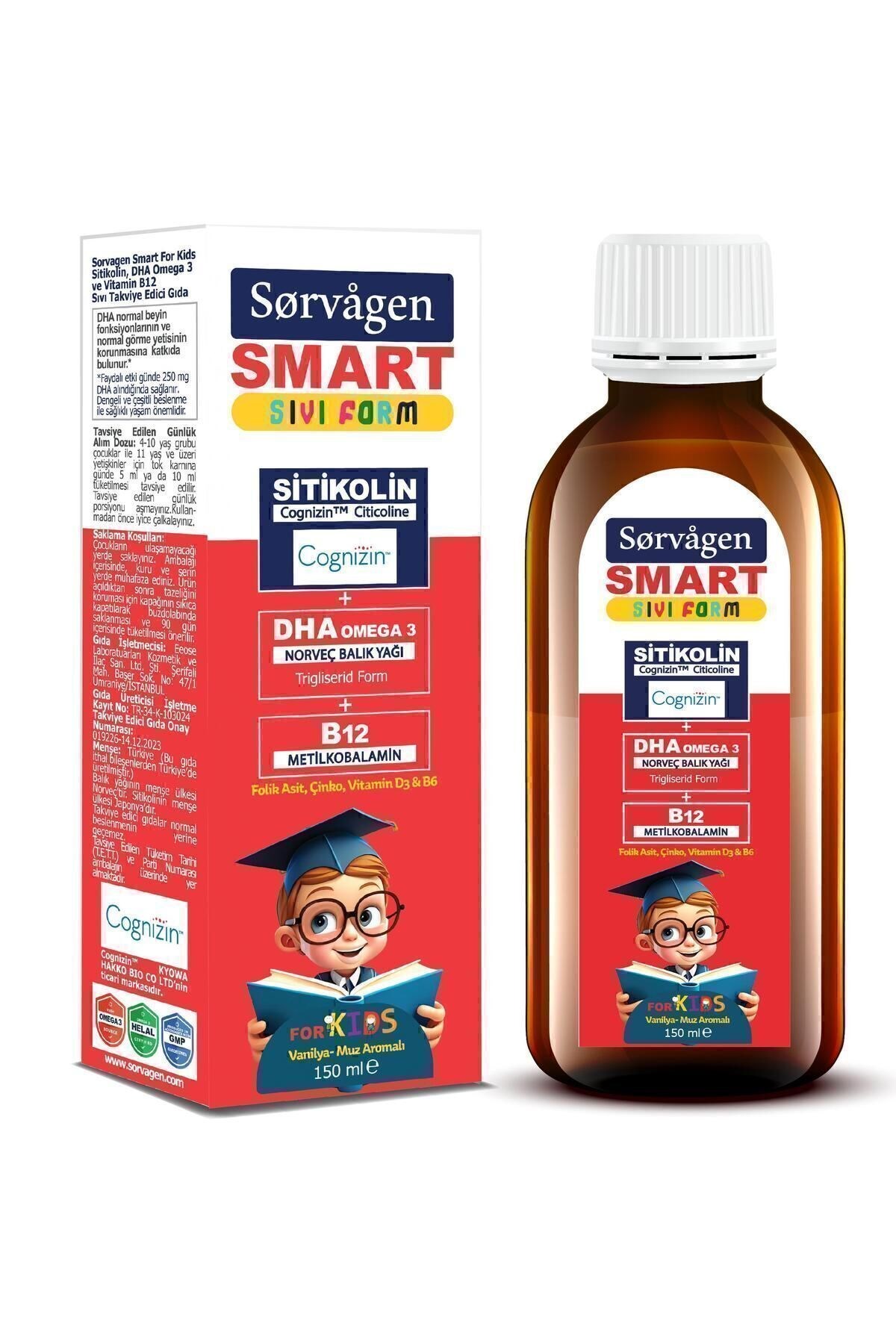 Sorvagen Smart Kids Sıvı Form - Sitikolin DHA Omega 3 Norveç Balavık Yağı ve B12 - 150 ml