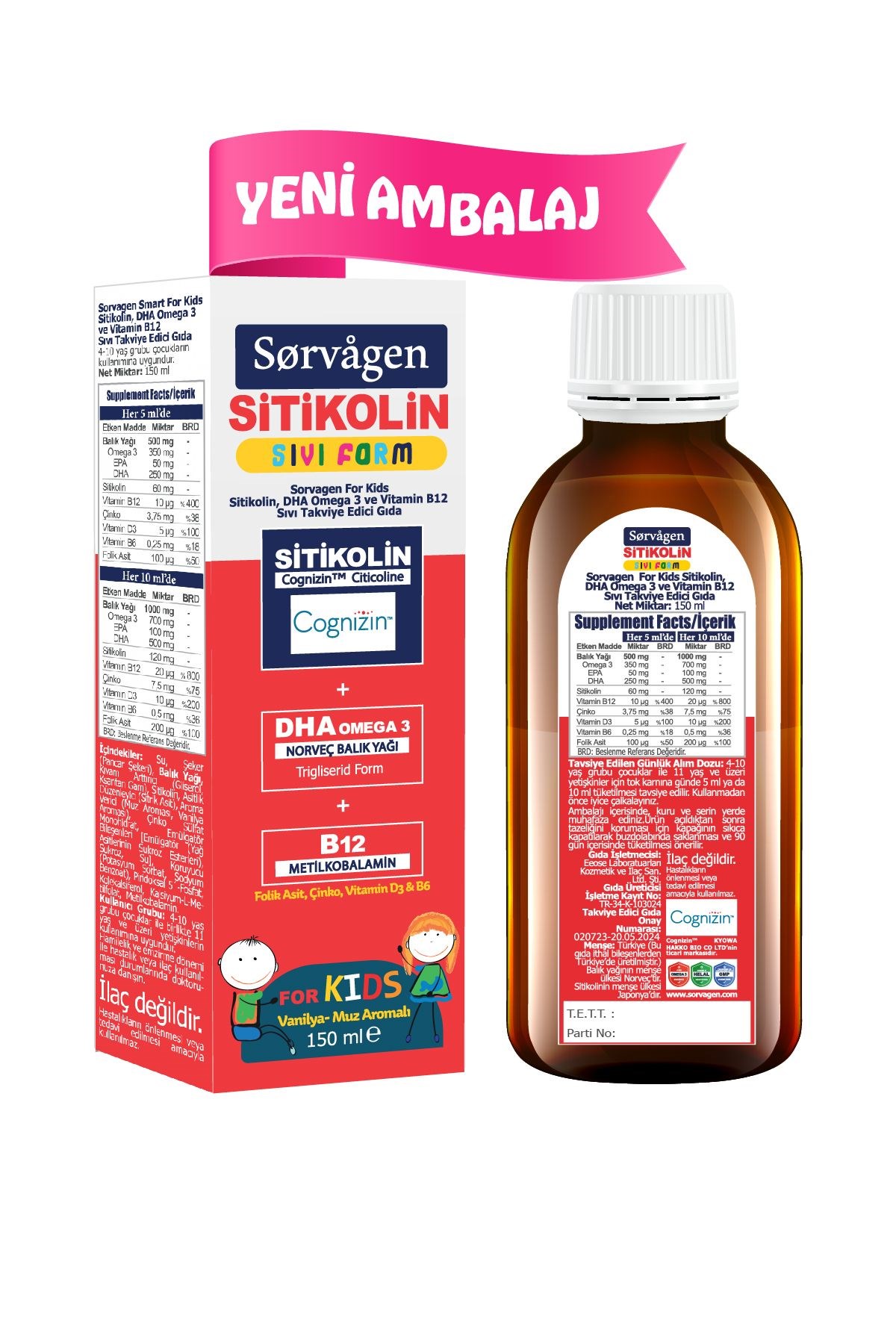 Sorvagen Smart Kids Sıvı Form - Sitikolin DHA Omega 3 Norveç Balavık Yağı ve B12 - 150 ml