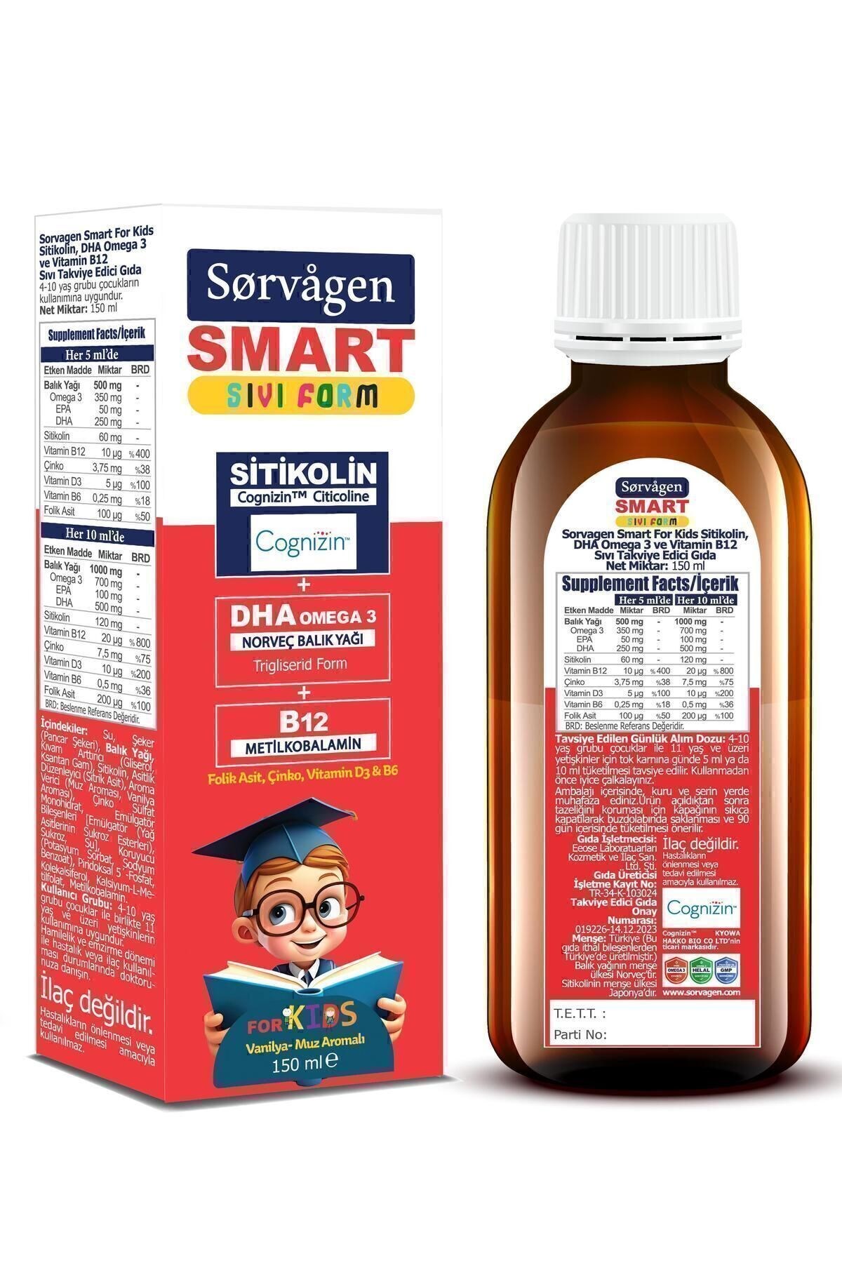 Sorvagen Smart Kids Sıvı Form - Sitikolin DHA Omega 3 Norveç Balavık Yağı ve B12 - 150 ml