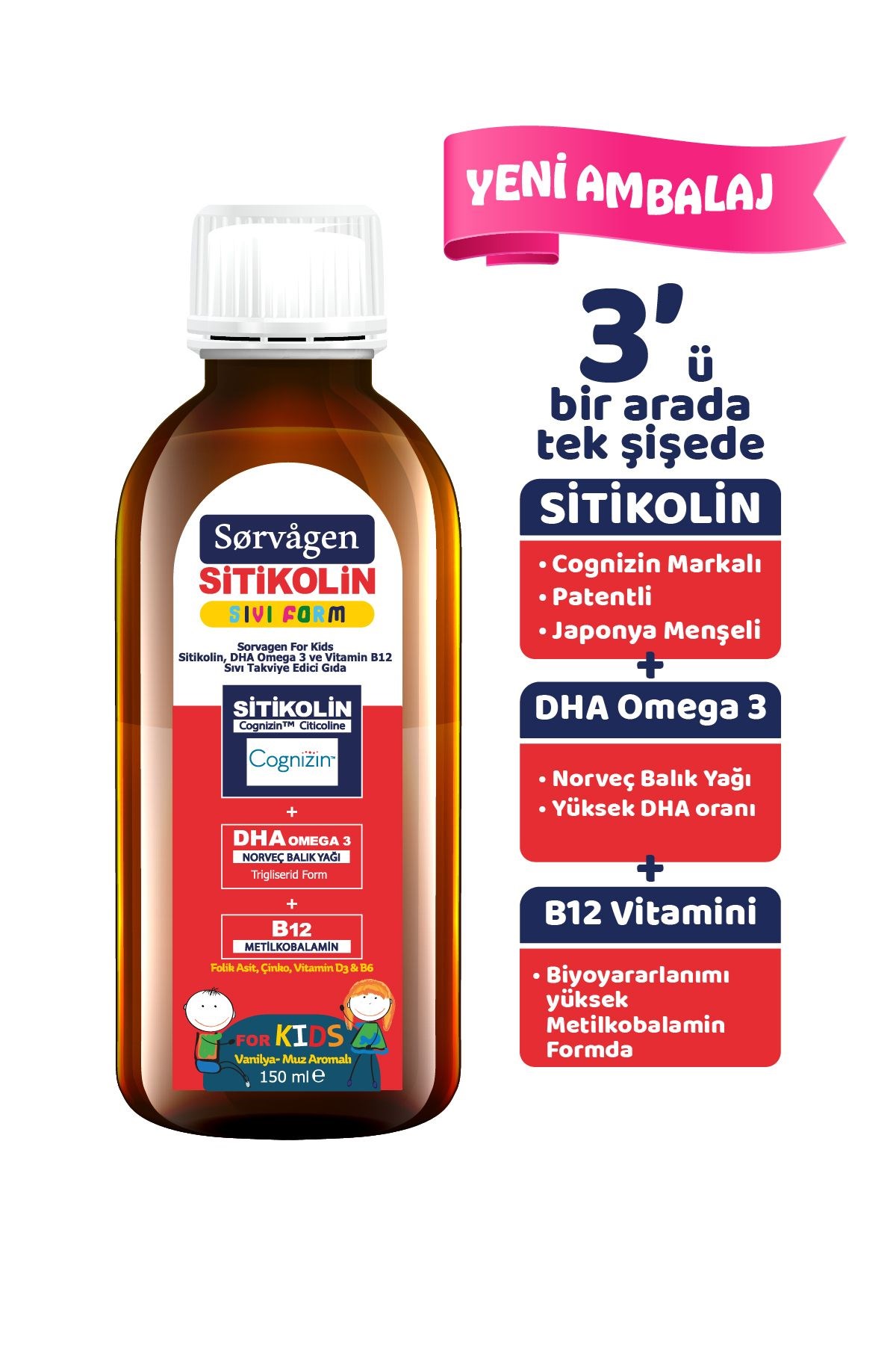 Sorvagen Smart Kids Sıvı Form - Sitikolin DHA Omega 3 Norveç Balavık Yağı ve B12 - 150 ml
