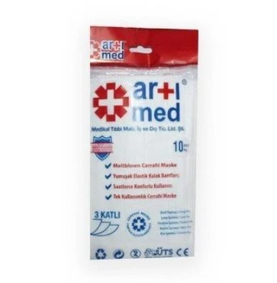 Artımed 3 Meltblown Katlı Kulak Bantlı Ultrasonik Cerrahi Maske Telli 10’lu (ÜTS Kayıtlı)
