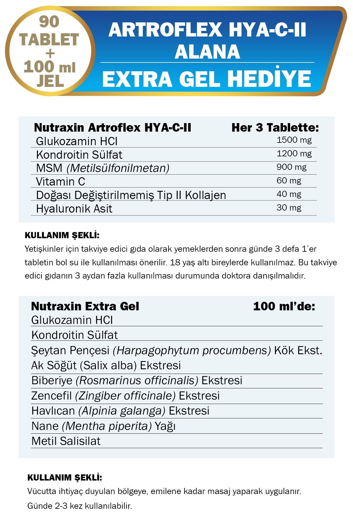 Nutraxin Artroflex Hya-C-II 90 Tablet + Extra Gel 100 ml Hediyeli