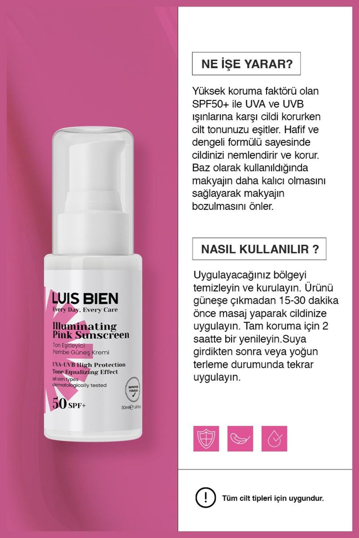 Luis Bien Ton Eşitleyici Pembe Güneş Kremi SPF50 50 ml