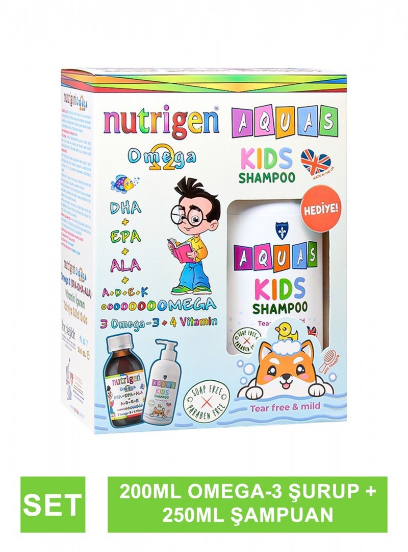 Nutrigen Omega 3 Balık Yağı Şurubu Portakal Aromalı 200 ml + Aquas Kids Şampuan 250 ml Hediyeli