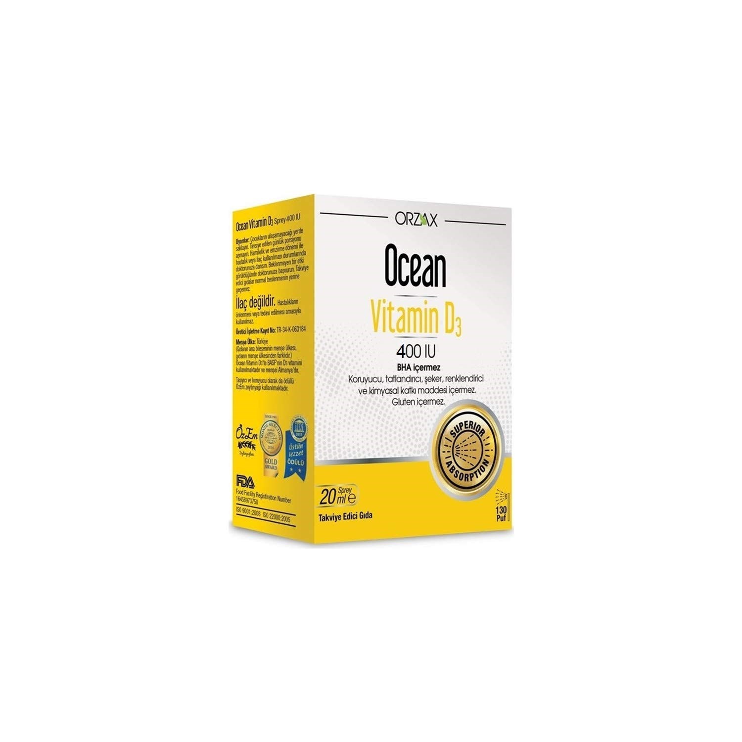 Ocean Vitamin D3 400 IU 130 Puf Oral Sprey (1 x 20 mL)