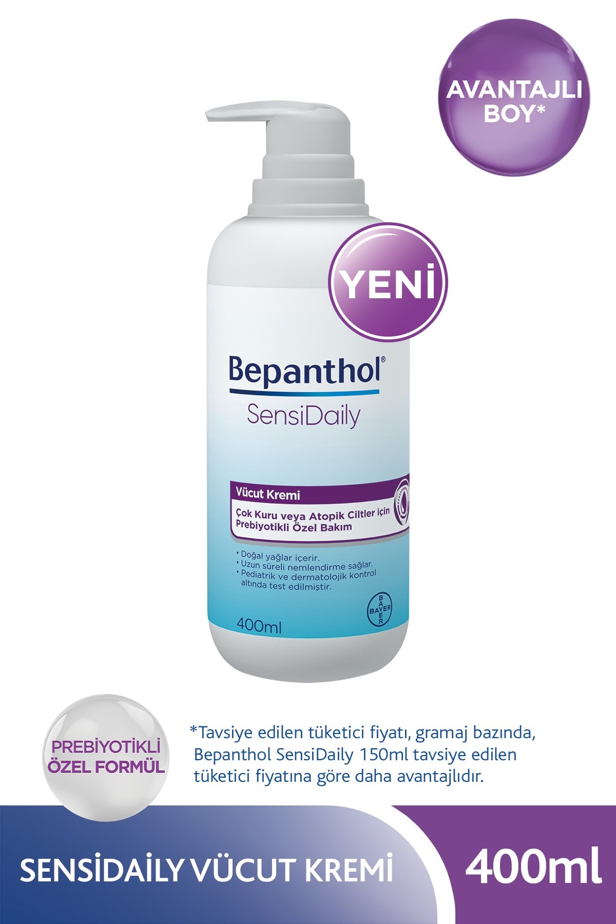 Bepanthol Sensidaily Pompalı Vücut Kremi 400 ml l Çok Kuru veya Atopik Ciltler İçin Prebiyotikli Öze